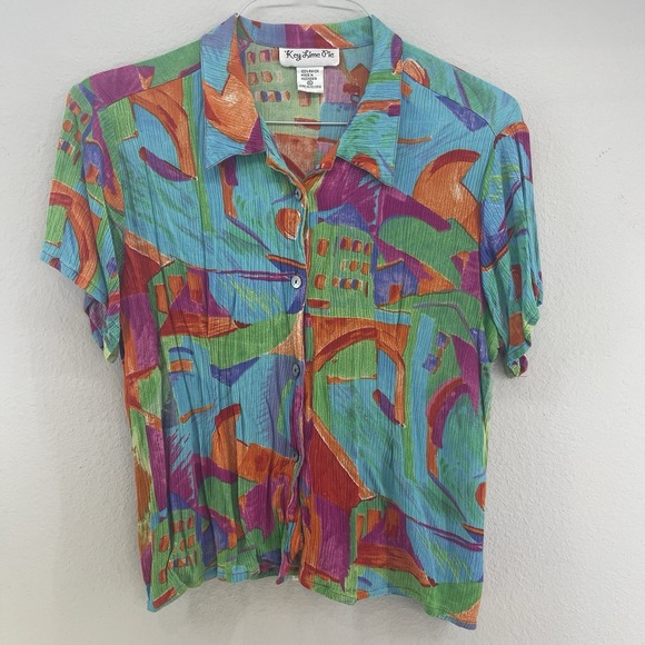 Vtg Crinkle Top 80s 90s Y2K Neon Colorblock Geo Women's XL Beach Babe Key Lime - Picture 2 of 11